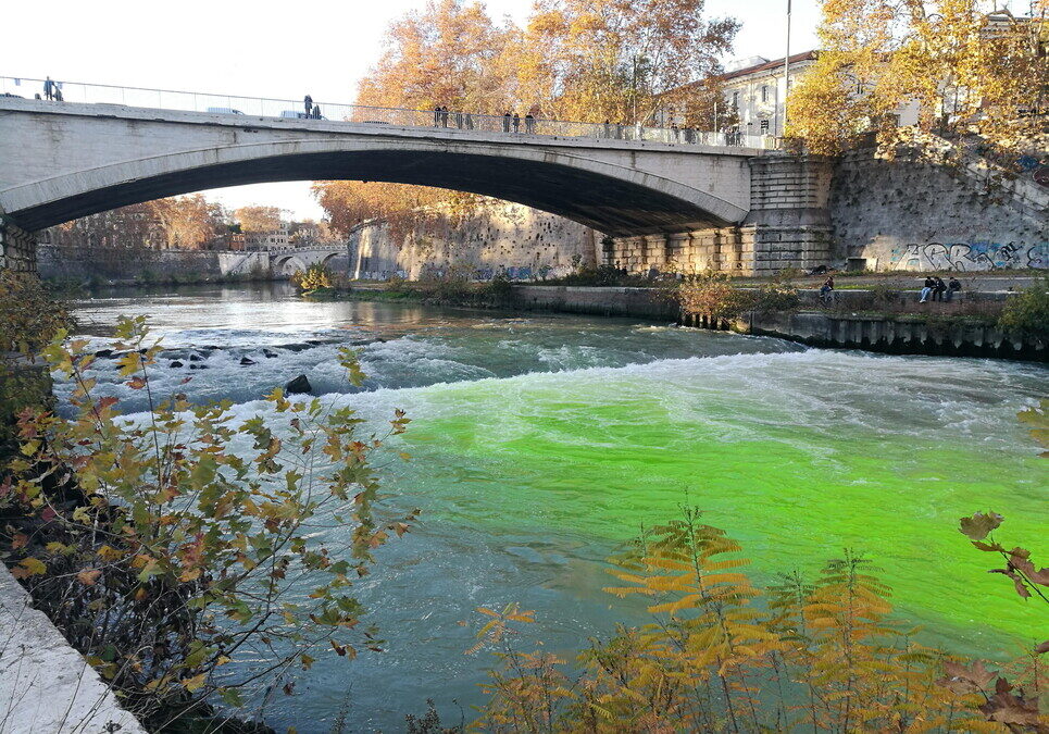 Il Tevere si tinge di verde, nuovo blitz ambientalista a Roma e in altre città italiane